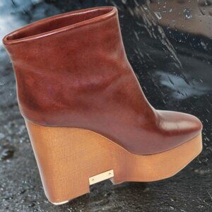 Chloé Wooden Wedge Boot Gold Name Plate Accent, Size 37 (US 7)